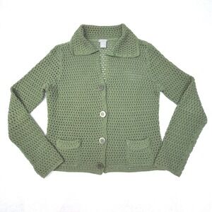 Ann Taylor Cardigan Womens Medium Green Crochet Open Knit Cotton Sweater Boho